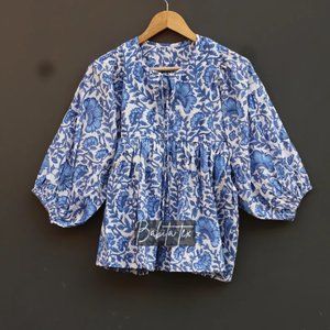 NWOT Blue Block Print Floral Boho Cotton Top